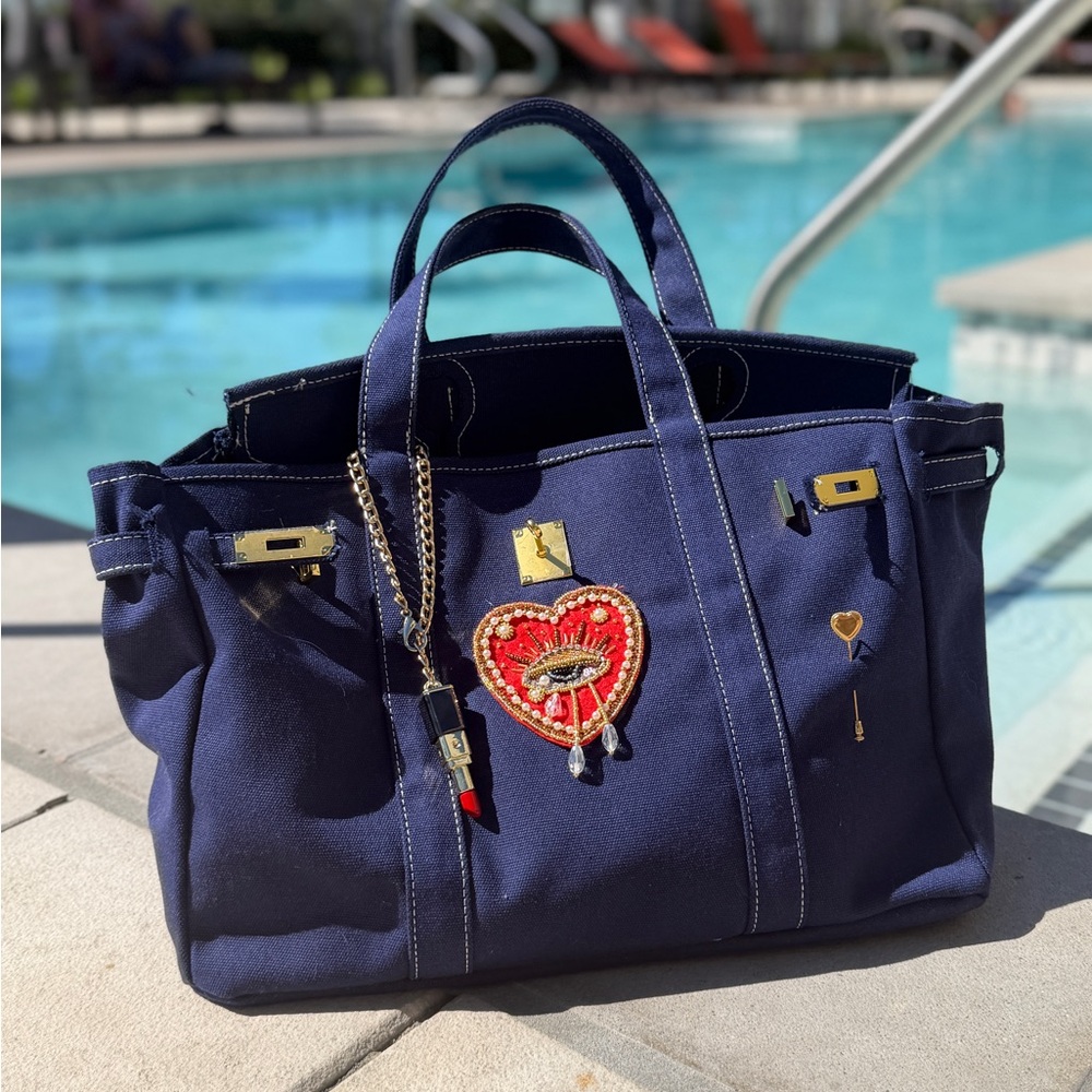 Custom Boatkin Bag Navy Tote w/ Handmade Sacred Heart Charm Art